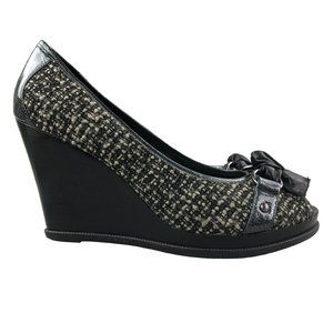Sperry Women's Size 9.5M Top Sider Black Cream Tweed Peep Toe High Heel Wedges